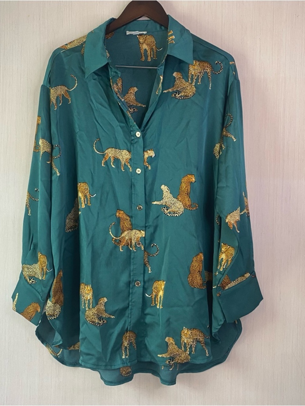 Entro Women’s Cheetah Long Sleeve Button-Up Tunic Green Large